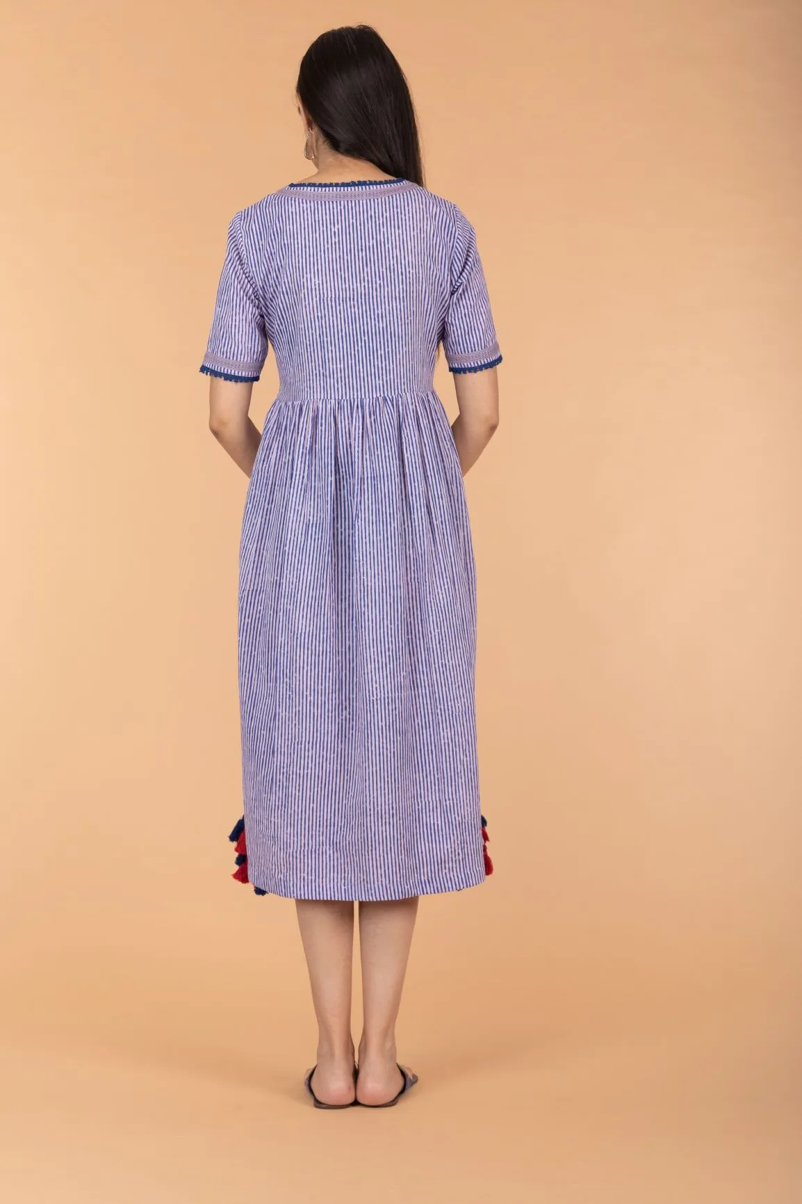 Pinstripe Cotton Empire Line Dress in Blue & Lilac Hand Block Print