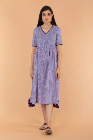 Pinstripe Cotton Empire Line Dress in Blue & Lilac Hand Block Print