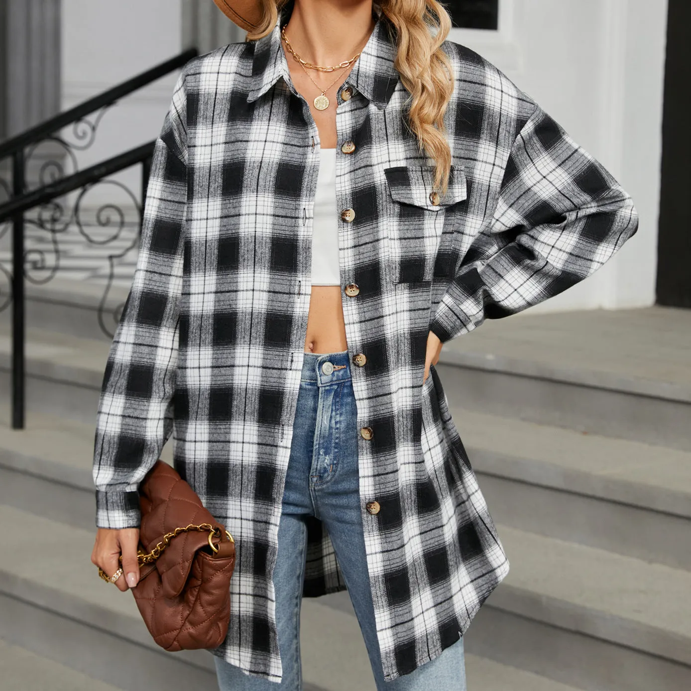 Plaid Shirt Brushed Long Sleeve Shirts Wholesale Womens Clothing N3824072900055