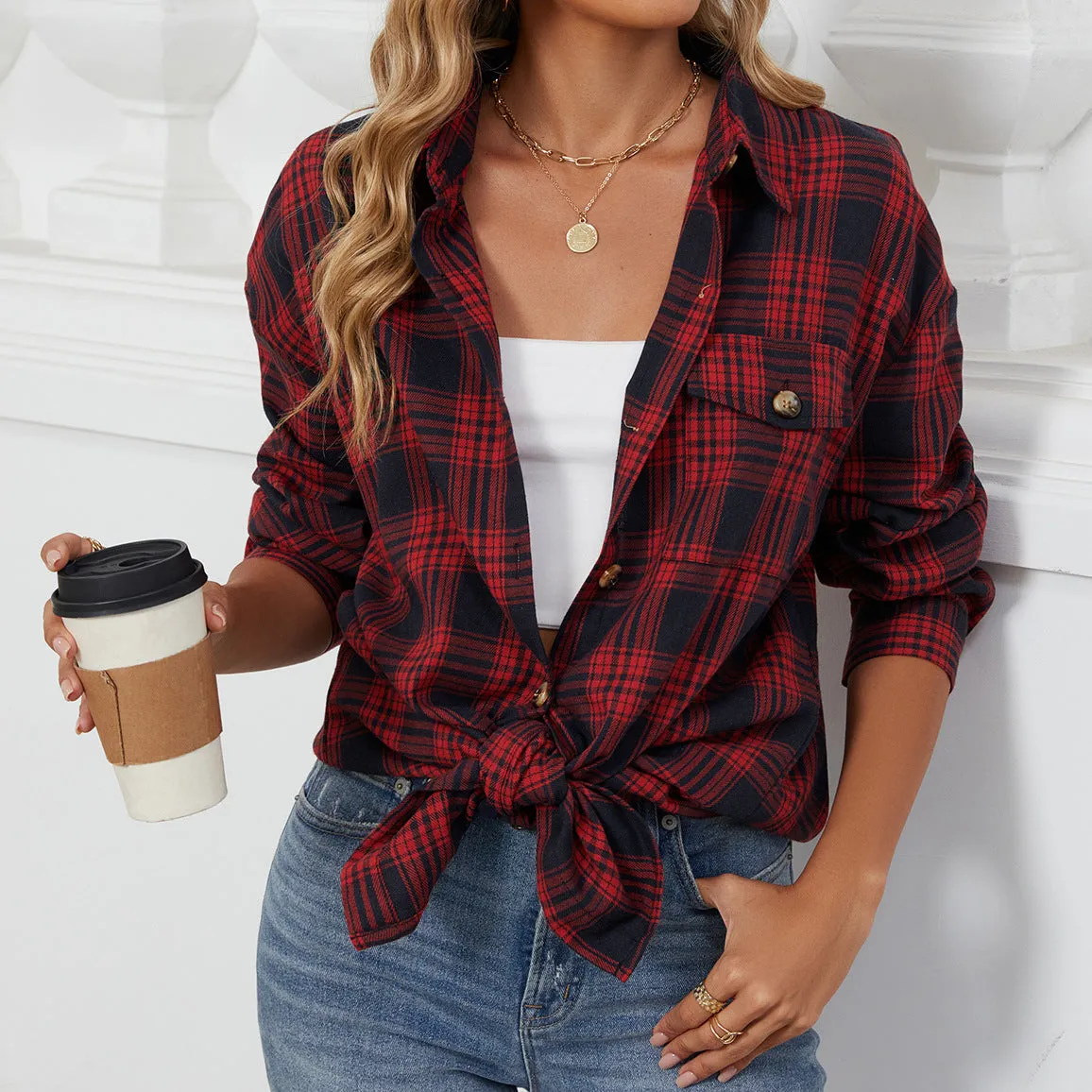 Plaid Shirt Brushed Long Sleeve Shirts Wholesale Womens Clothing N3824072900055
