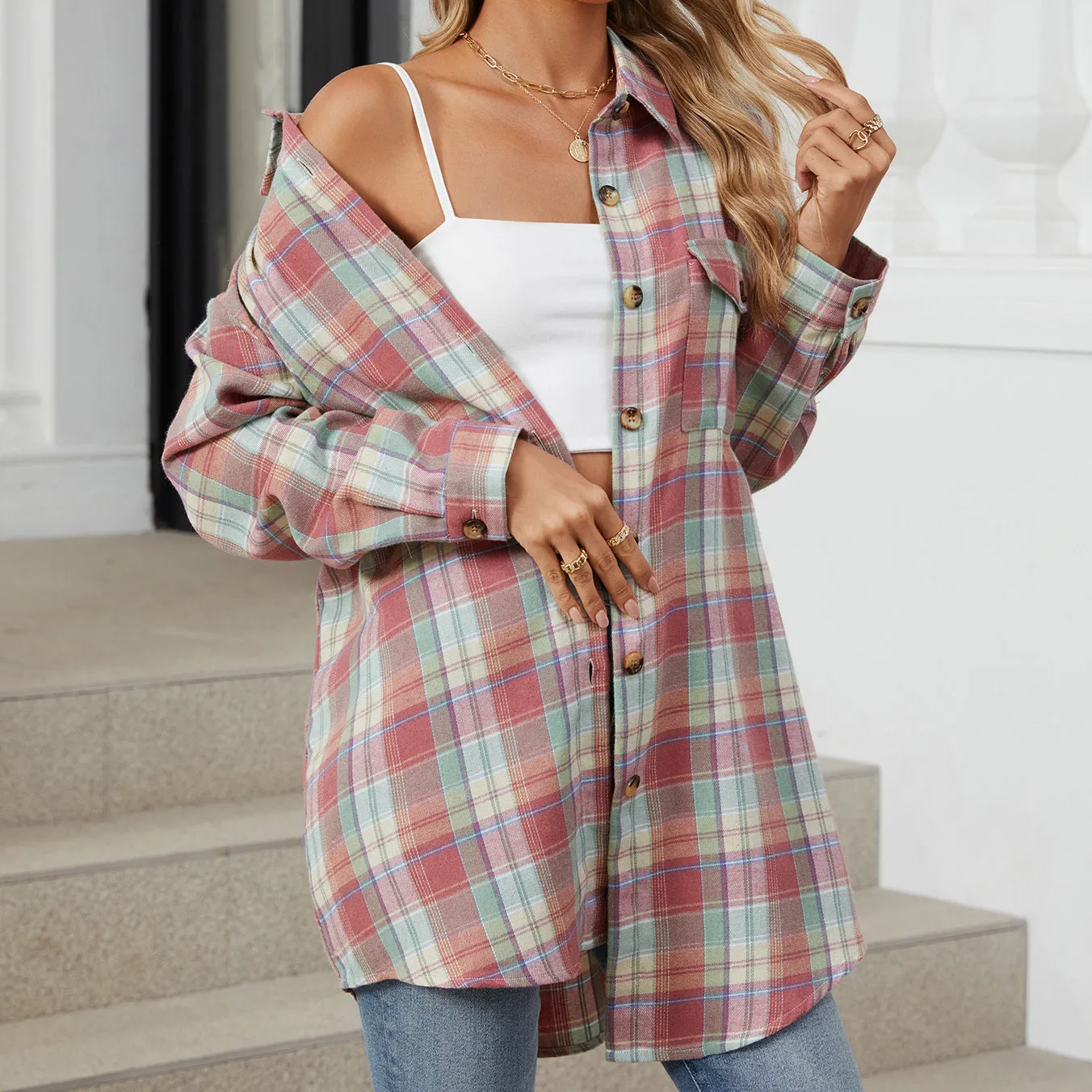 Plaid Shirt Brushed Long Sleeve Shirts Wholesale Womens Clothing N3824072900055