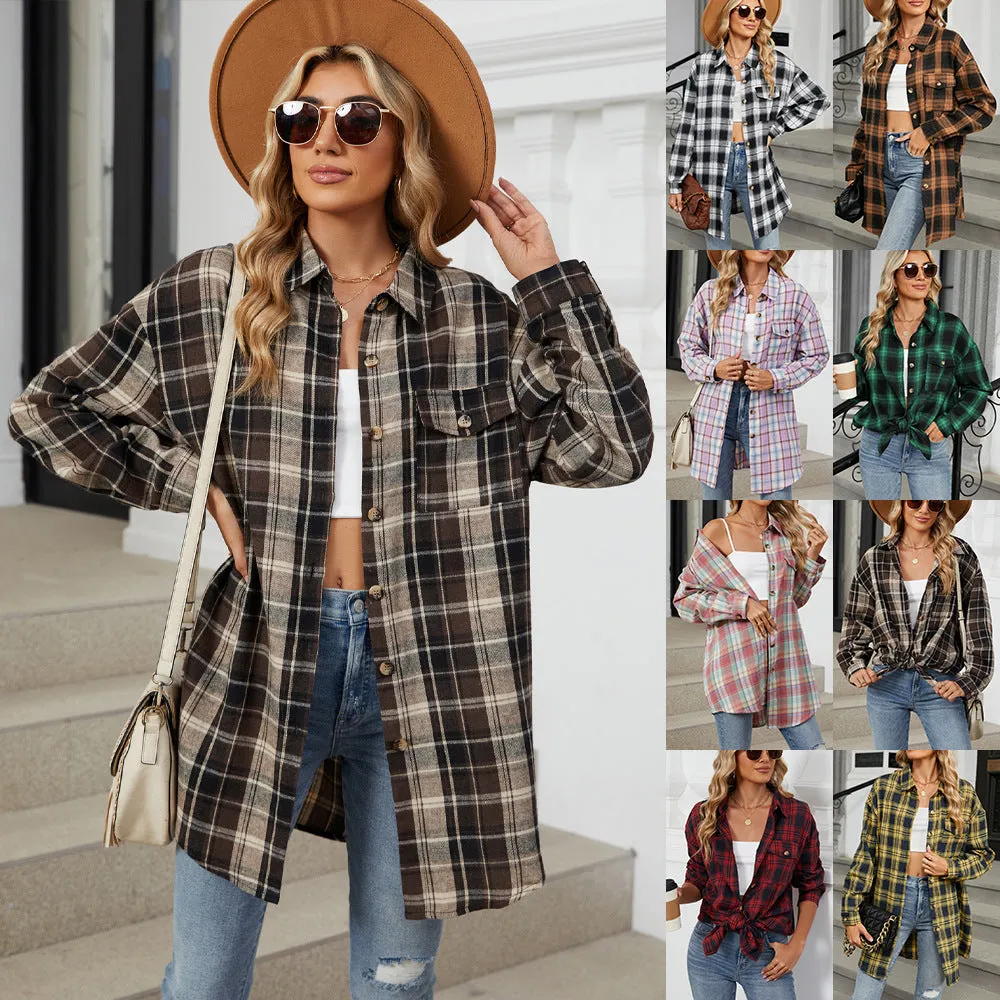 Plaid Shirt Brushed Long Sleeve Shirts Wholesale Womens Clothing N3824072900055
