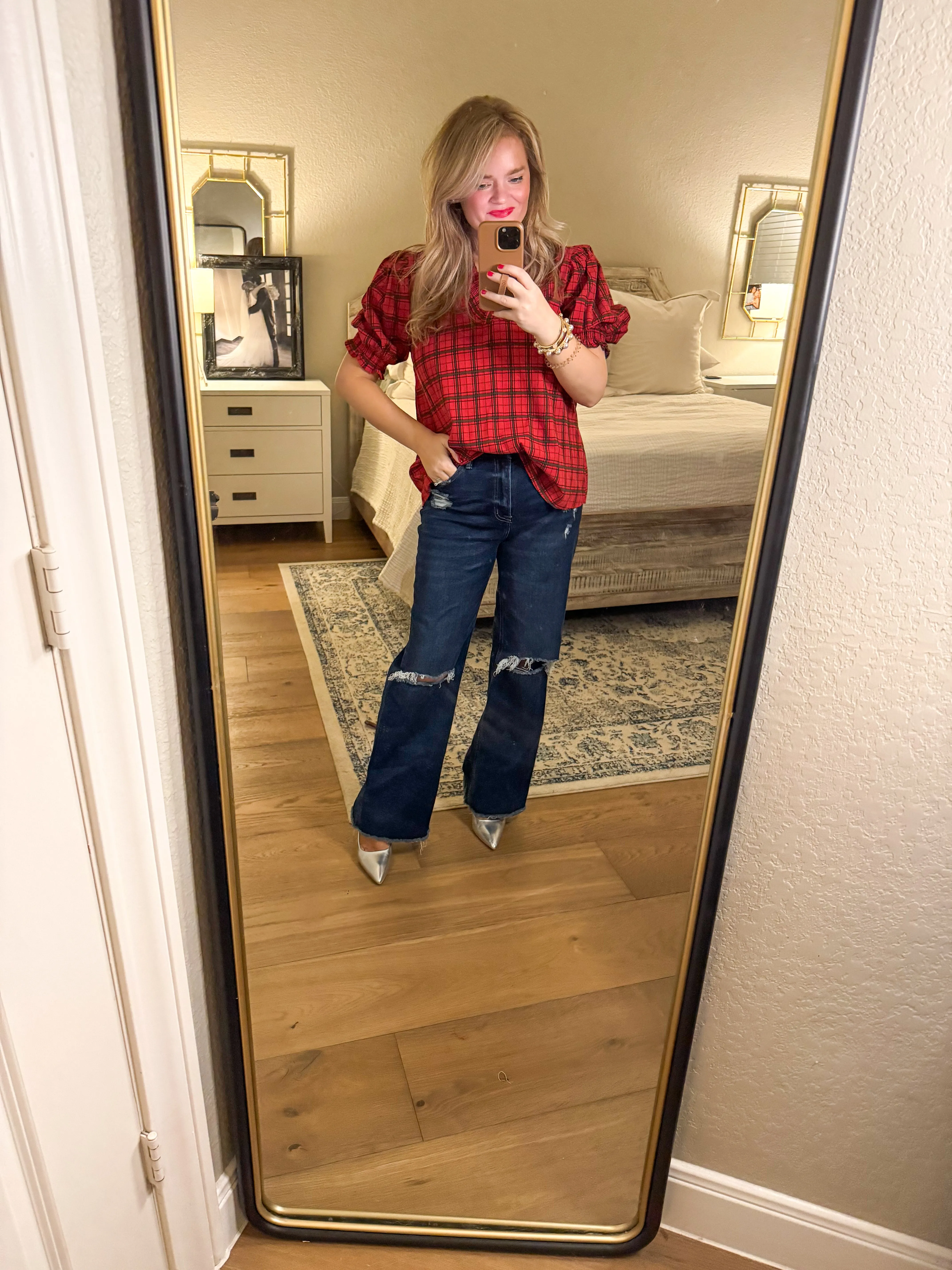 Plaid Smocked Red Blouse