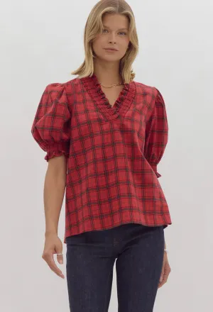Plaid Smocked Red Blouse