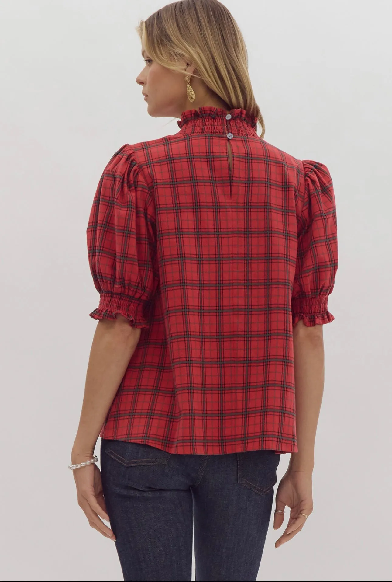 Plaid Smocked Red Blouse