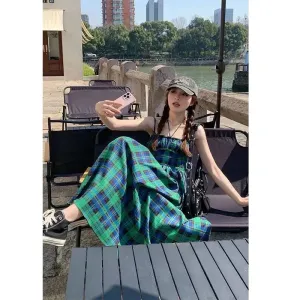 Plaid Teal Long Dress French Fashion High Waist Slip Dress Preppy Midi Dress
