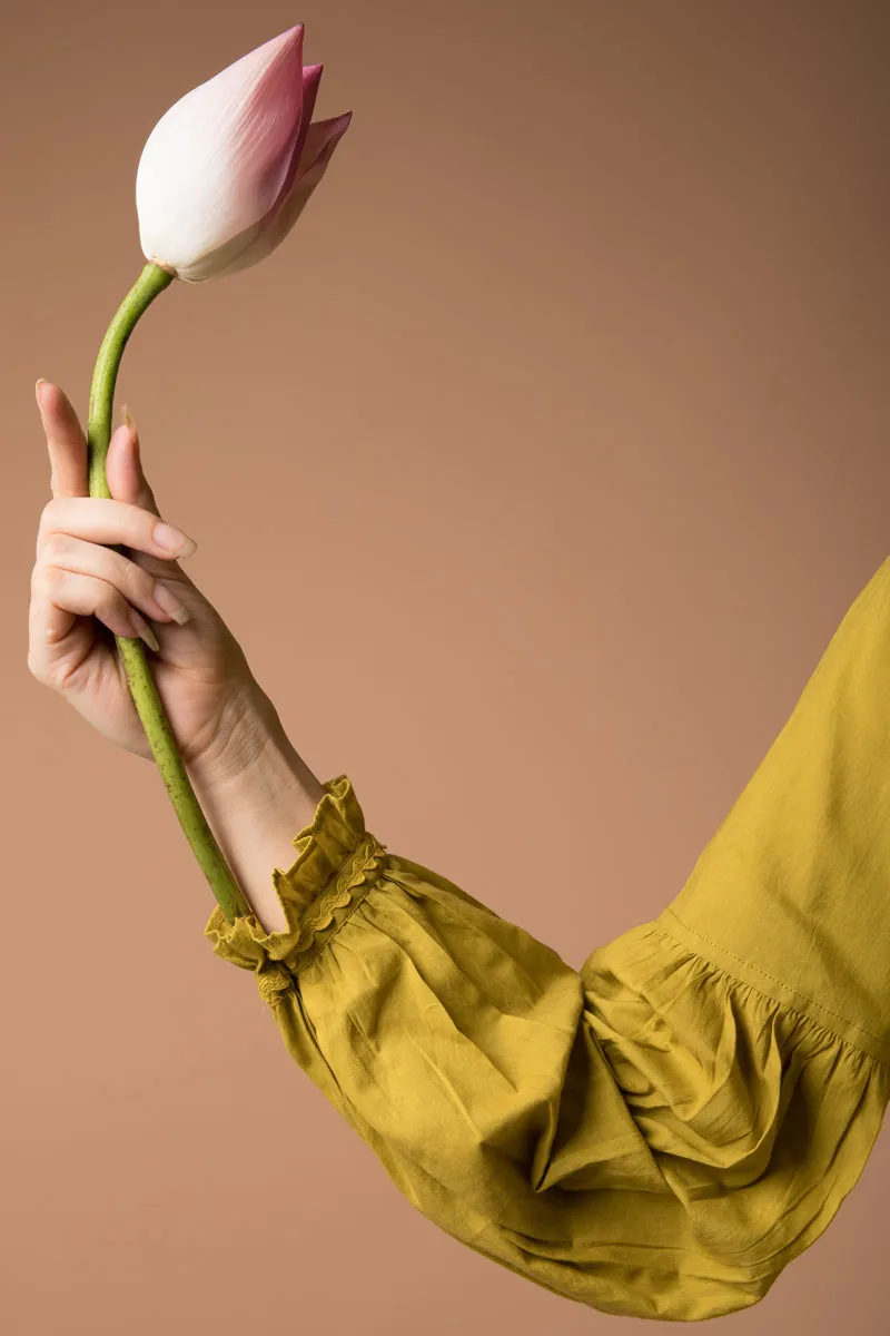 Pleated Dress with balloon sleeves in Ochre Yellow cotton