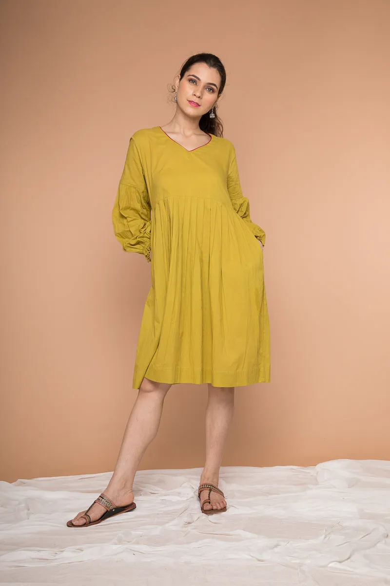 Pleated Dress with balloon sleeves in Ochre Yellow cotton