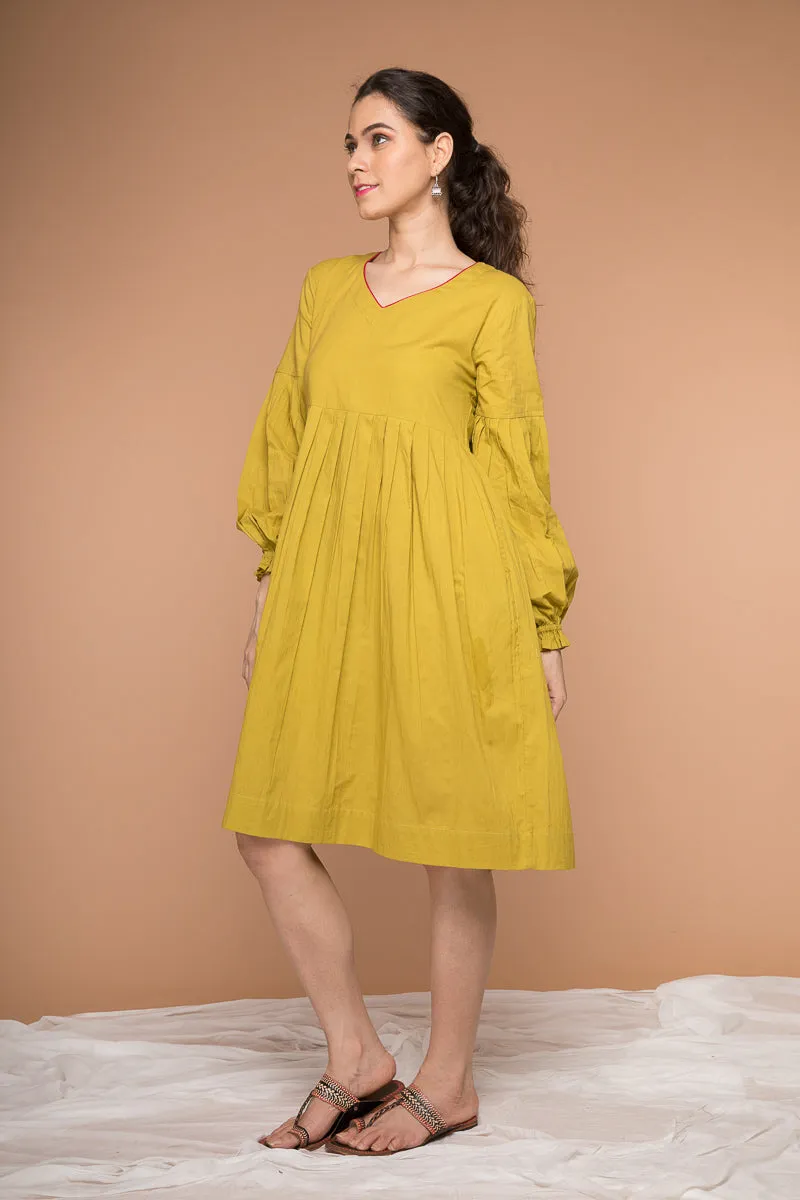 Pleated Dress with balloon sleeves in Ochre Yellow cotton