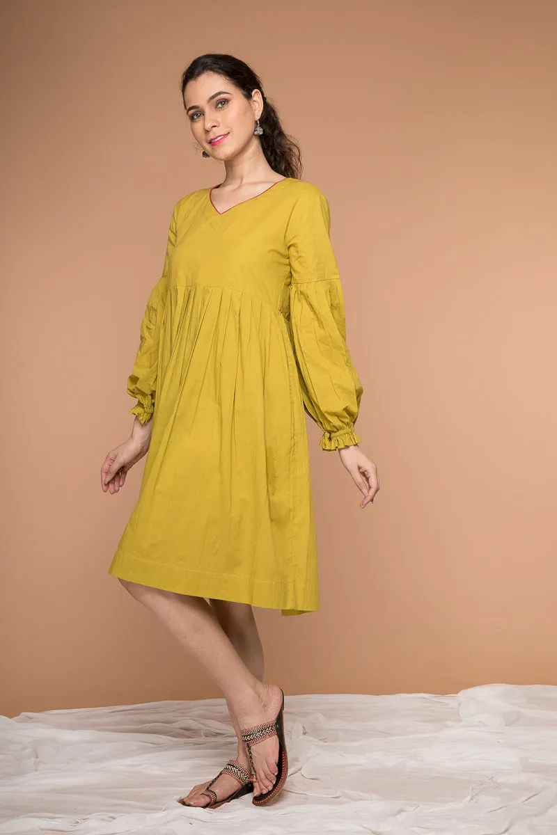 Pleated Dress with balloon sleeves in Ochre Yellow cotton