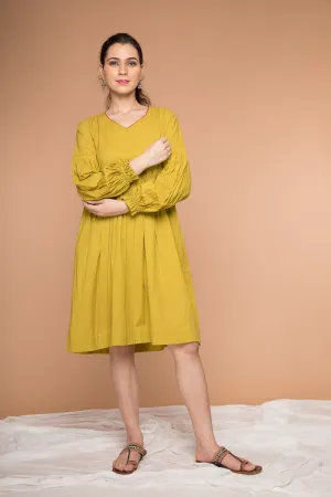 Pleated Dress with balloon sleeves in Ochre Yellow cotton