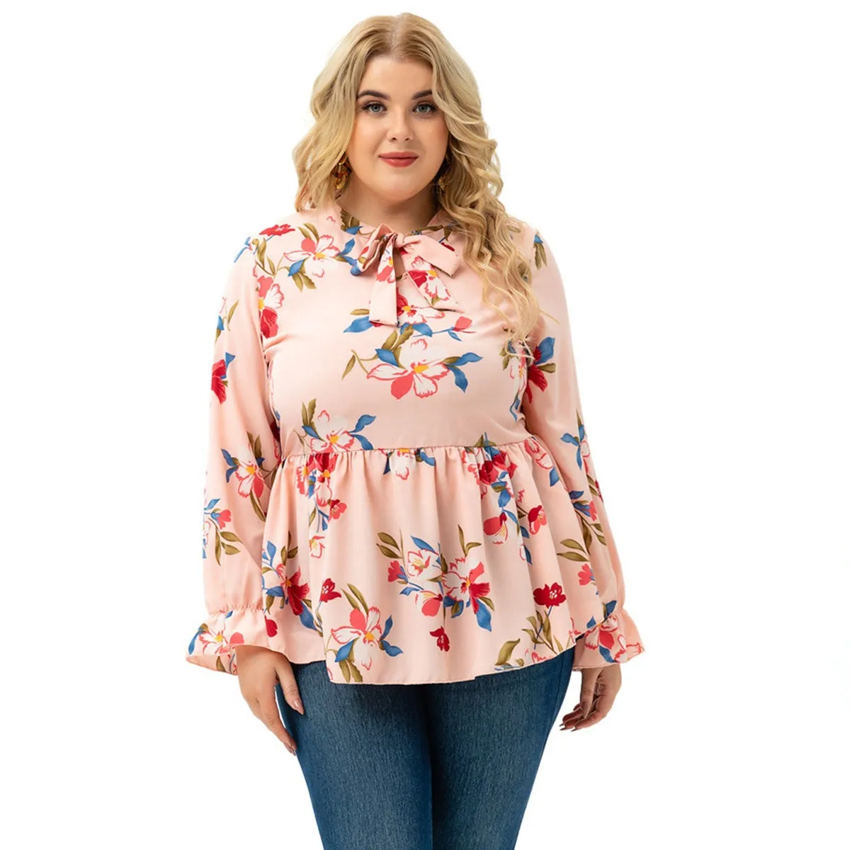 Plus Size Blouses Long Sleeve Floral Printed Tops Wholesale Womens Clothing N3824080300019