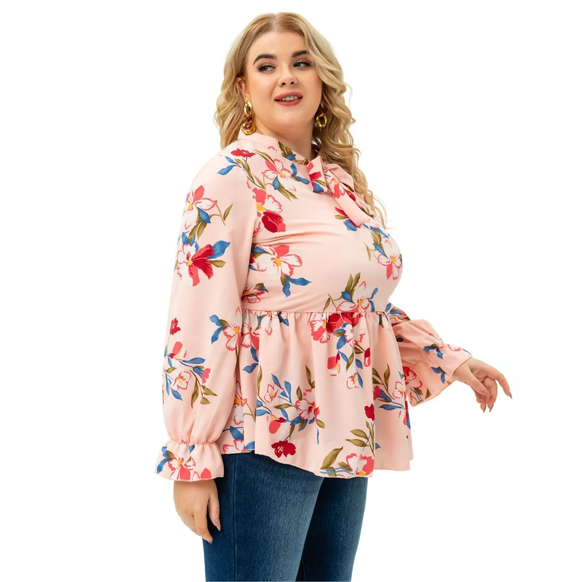 Plus Size Blouses Long Sleeve Floral Printed Tops Wholesale Womens Clothing N3824080300019