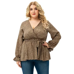 Plus Size V Neck Leopard Print Long Sleeve Tie Tops Wholesale Womens Clothing N3824080300015