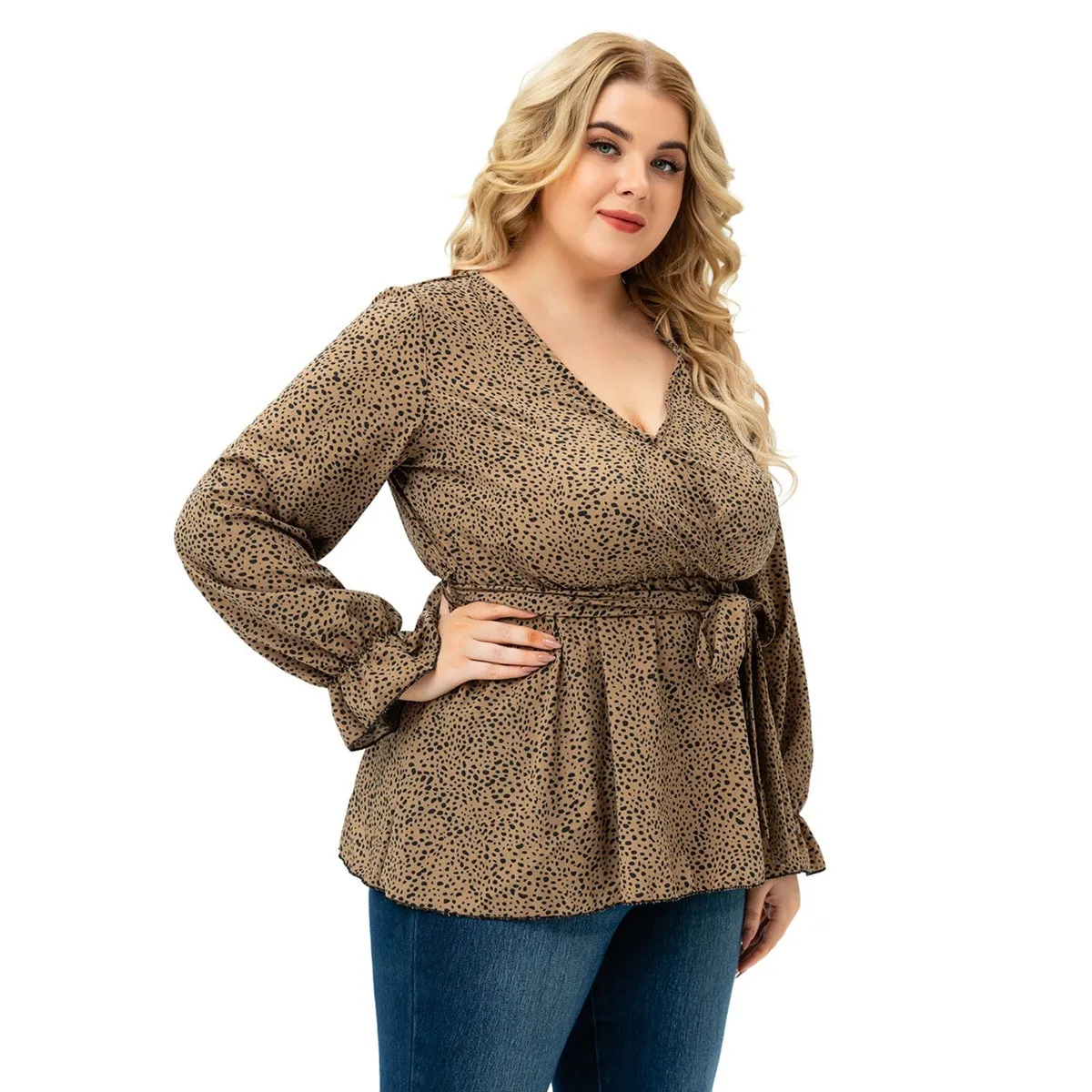 Plus Size V Neck Leopard Print Long Sleeve Tie Tops Wholesale Womens Clothing N3824080300015