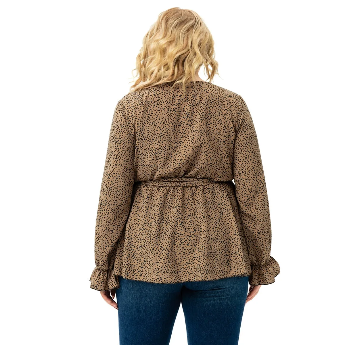 Plus Size V Neck Leopard Print Long Sleeve Tie Tops Wholesale Womens Clothing N3824080300015