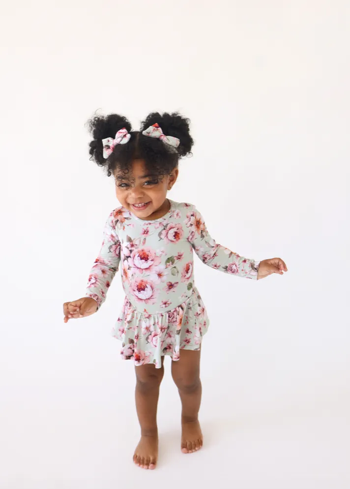 Posh Peanut Long Sleeve Girls Basic Twirl Skirt Bodysuit Dress in Millicent