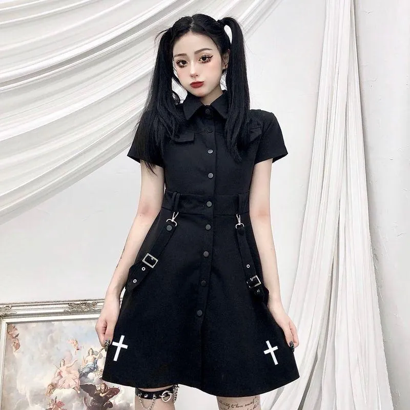 Punk Gothic Mini Dress Short Sleeve