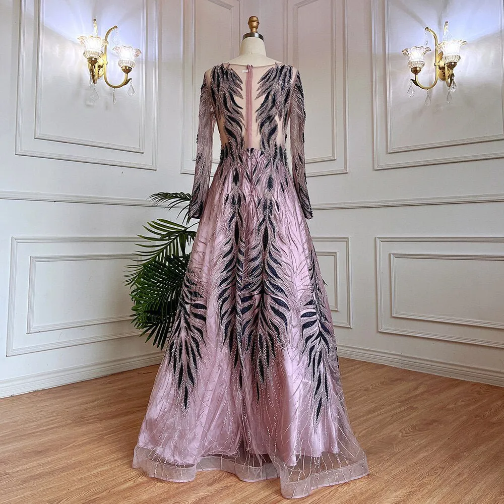 Purple A Line Lace Beaded Evening Dresses Gowns