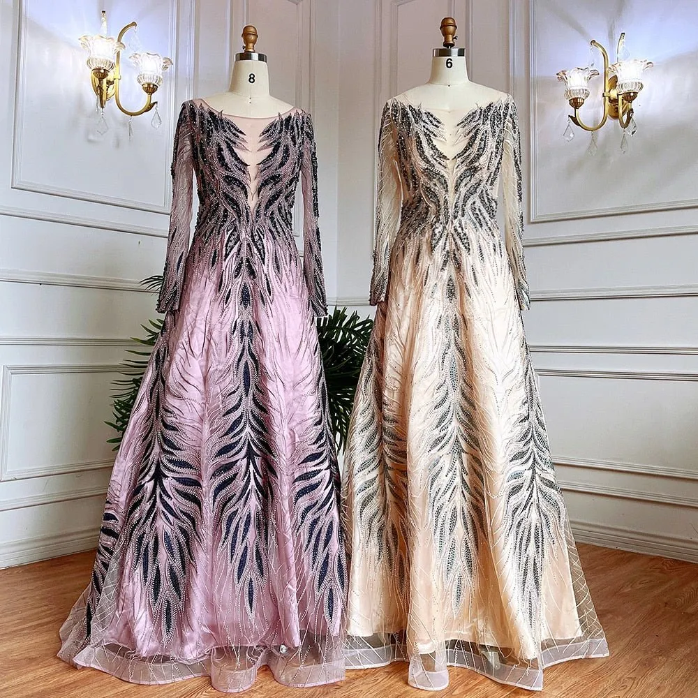 Purple A Line Lace Beaded Evening Dresses Gowns