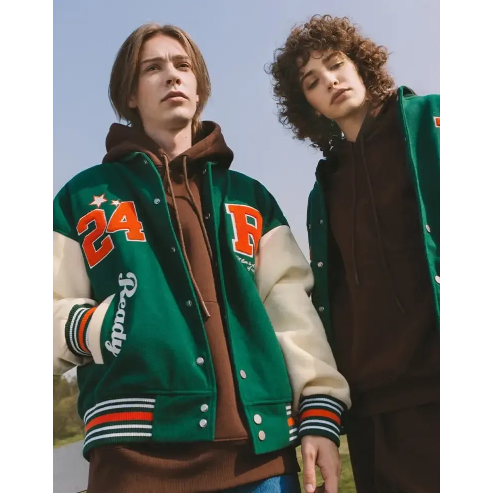 Ready Y2K Embroidered Green Varsity Jacket for Vintage Streetwear