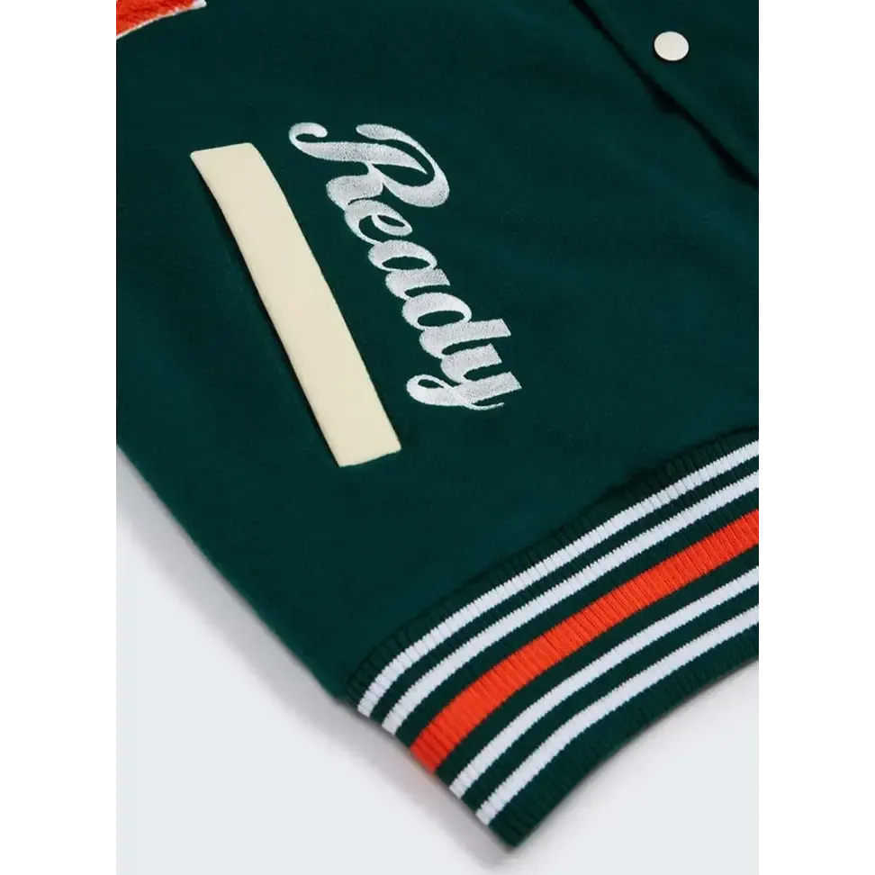 Ready Y2K Embroidered Green Varsity Jacket for Vintage Streetwear