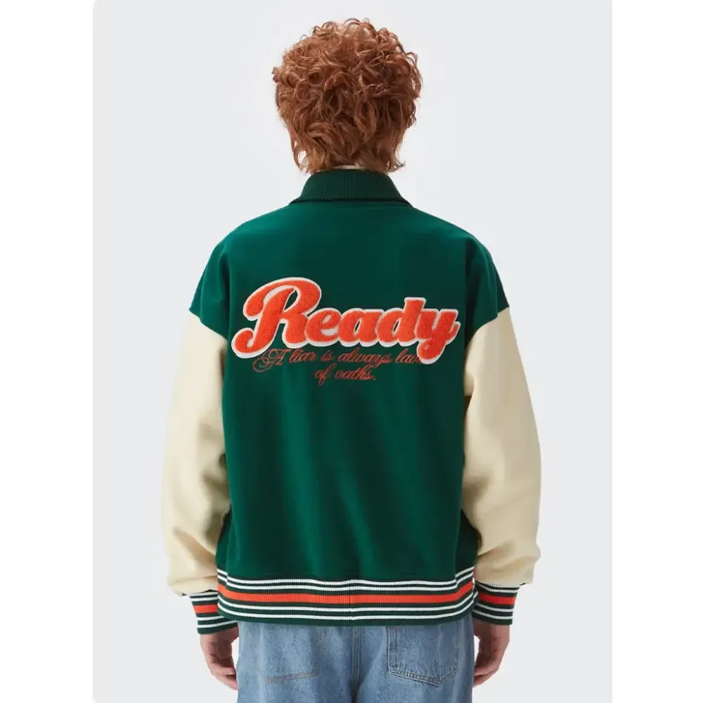 Ready Y2K Embroidered Green Varsity Jacket for Vintage Streetwear