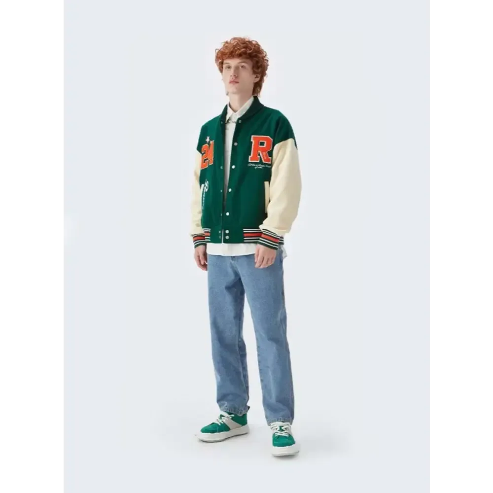 Ready Y2K Embroidered Green Varsity Jacket for Vintage Streetwear