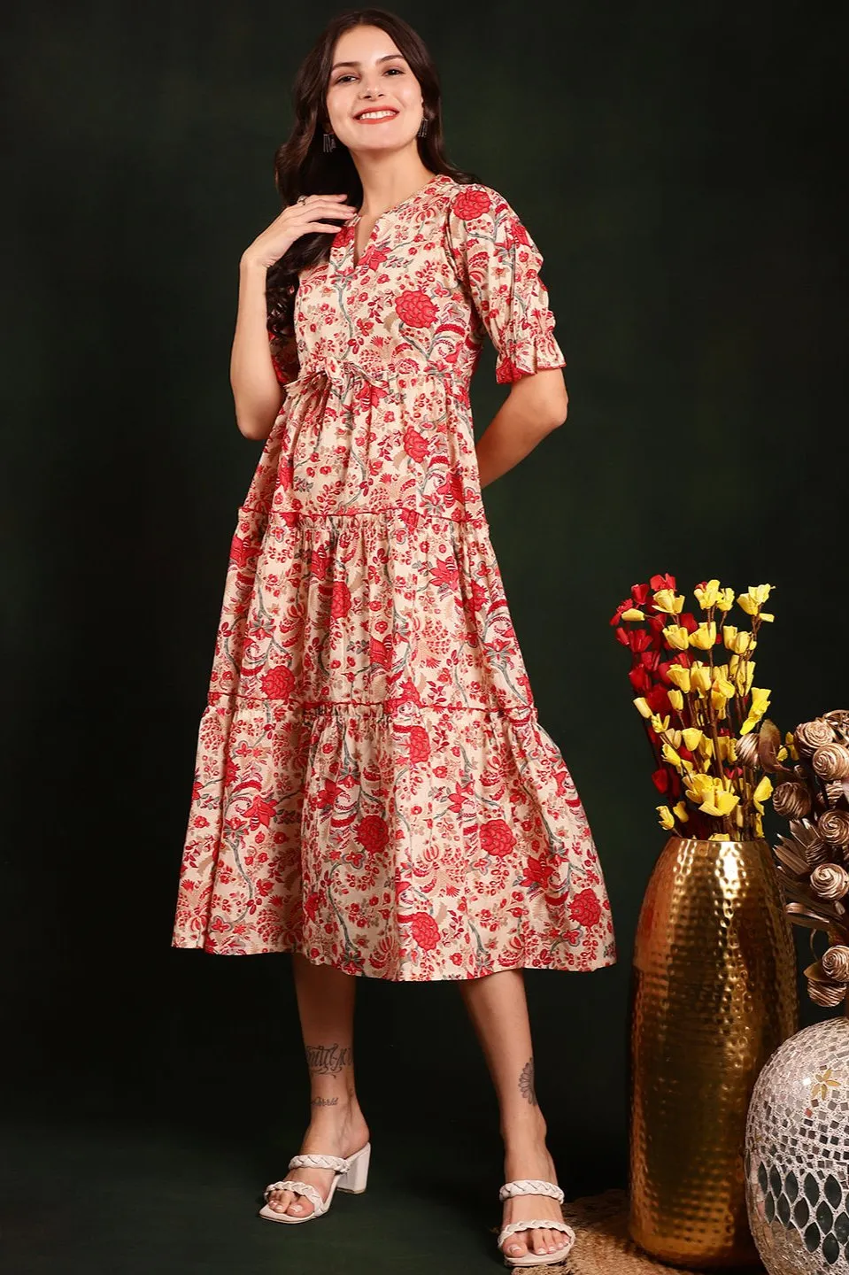 Red Colour Floral Printed Cotton Dress