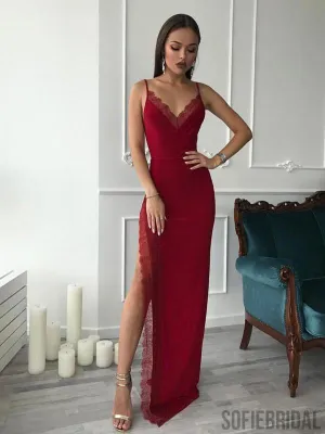 Red Spaghetti Long Side Slit Sheath Prom Dresses, Formal Evening Dresses, Prom Dresses, PD0734