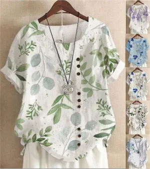 Retro Cotton Linen Print Loose Casual Shirt