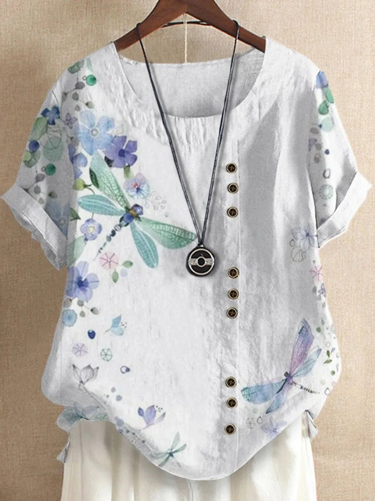 Retro Cotton Linen Print Loose Casual Shirt