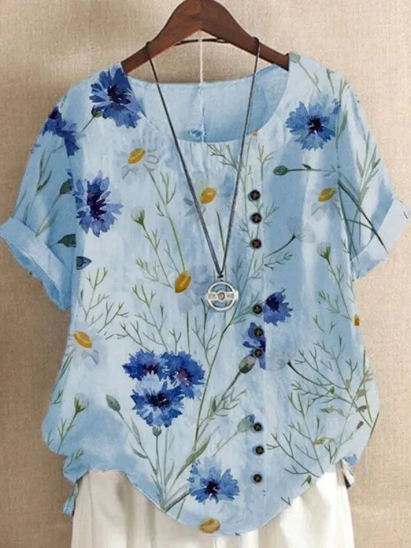 Retro Cotton Linen Print Loose Casual Shirt