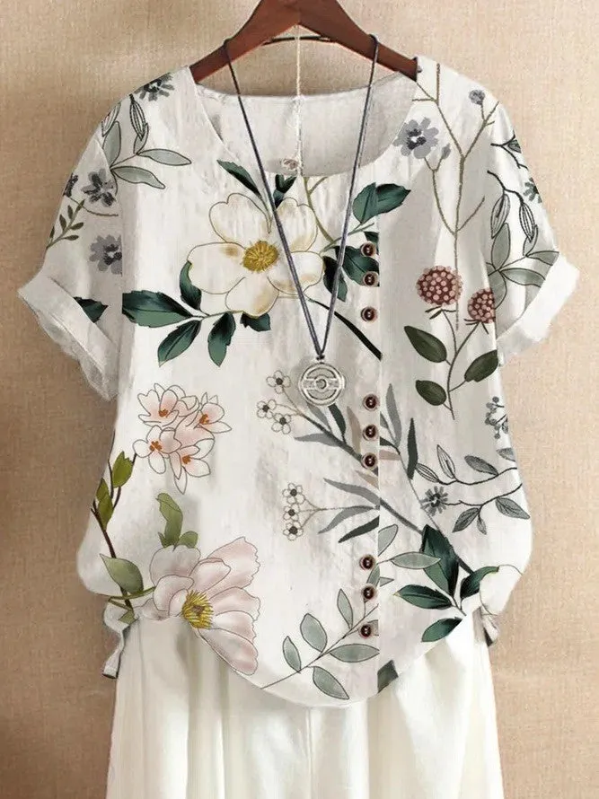 Retro Cotton Linen Print Loose Casual Shirt