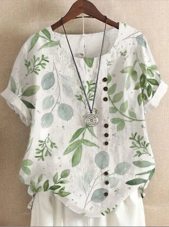 Retro Cotton Linen Print Loose Casual Shirt