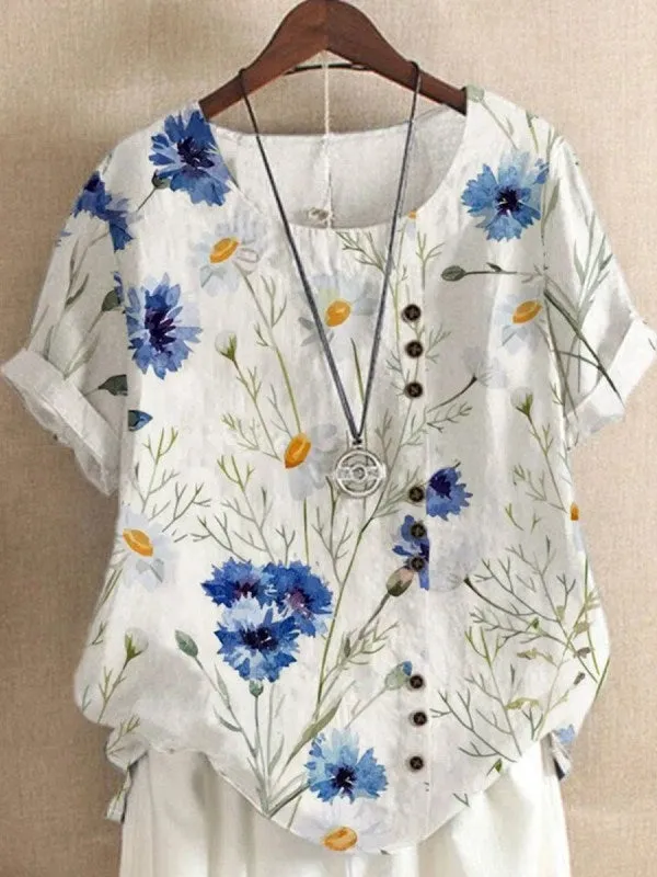 Retro Cotton Linen Print Loose Casual Shirt