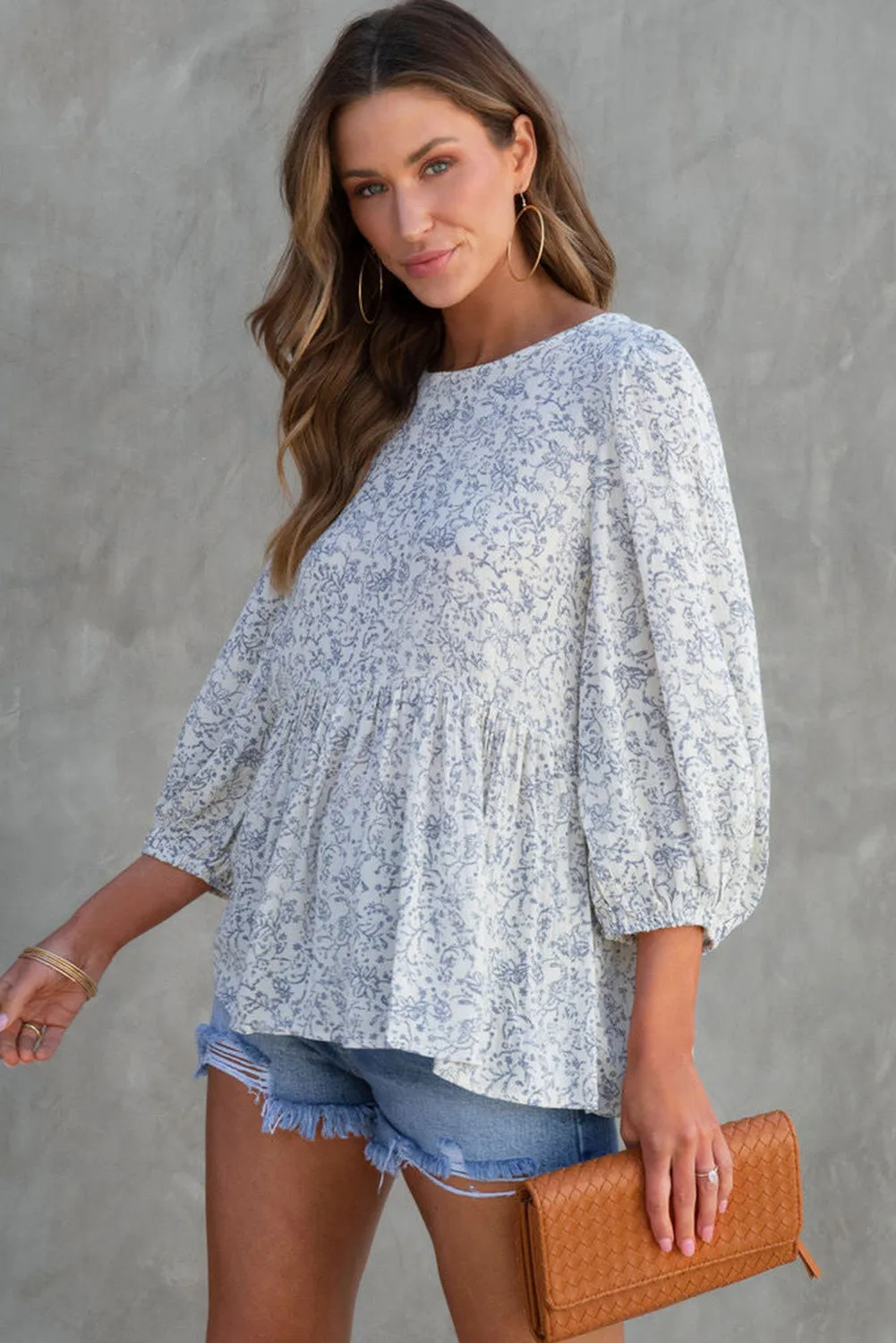 Retro Floral 3/4 Puff Sleeve Blouse