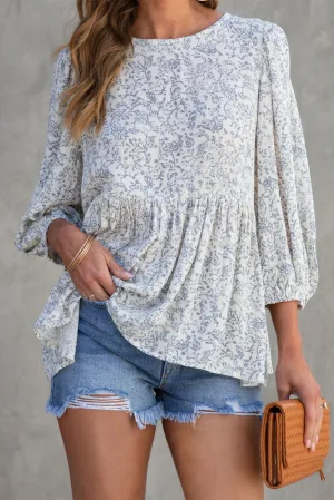 Retro Floral 3/4 Puff Sleeve Blouse
