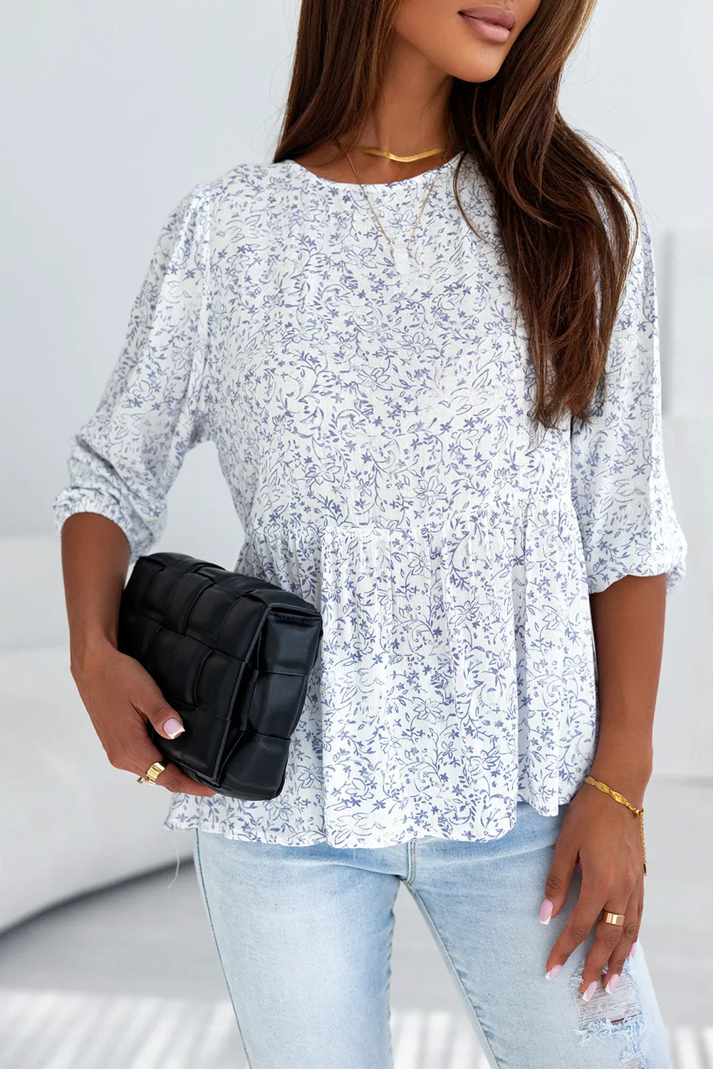 Retro Floral 3/4 Puff Sleeve Blouse