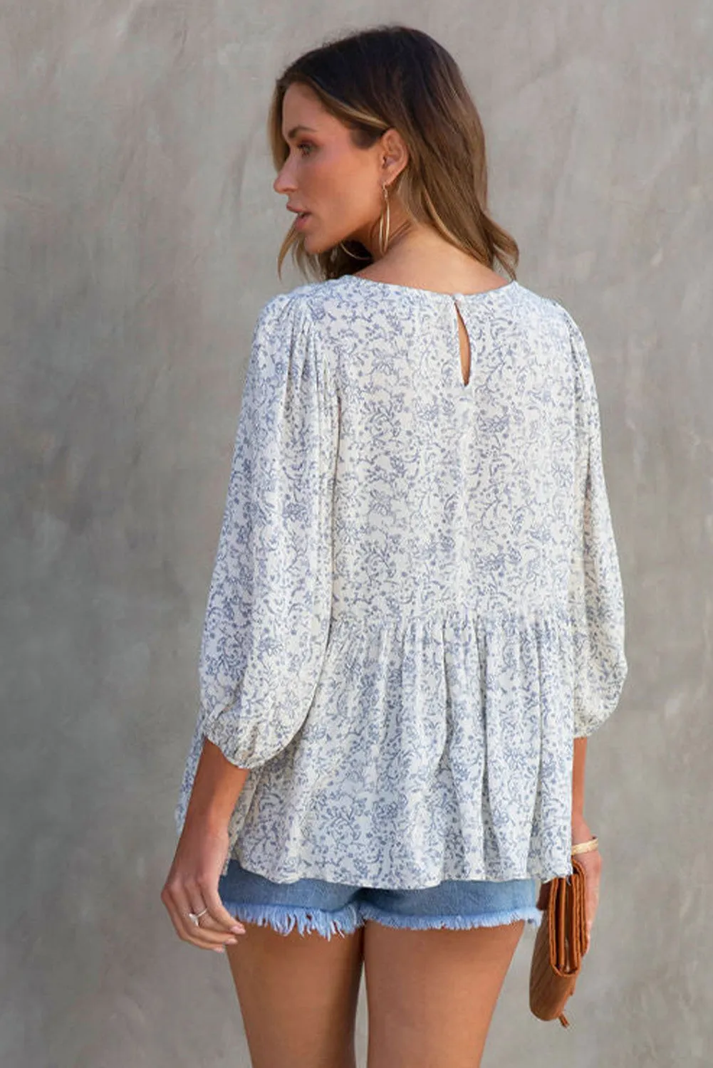 Retro Floral 3/4 Puff Sleeve Blouse