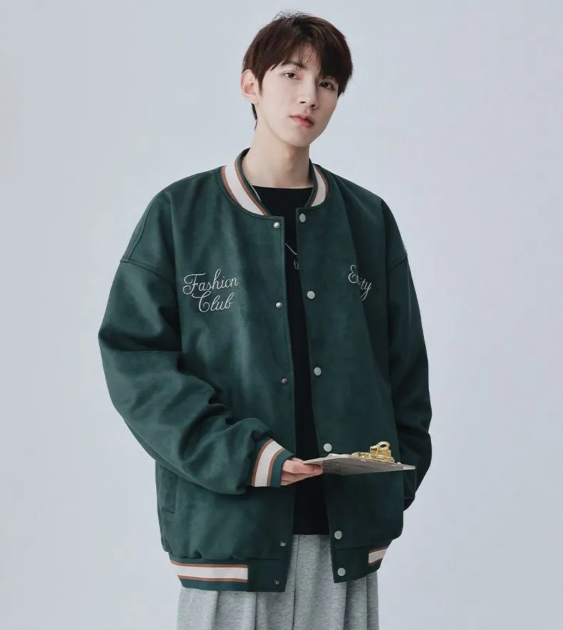 Retro Solid Varsity Jacket with Elastic Band Cuffs and Hem