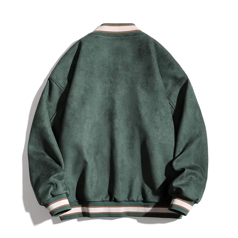 Retro Solid Varsity Jacket with Elastic Band Cuffs and Hem