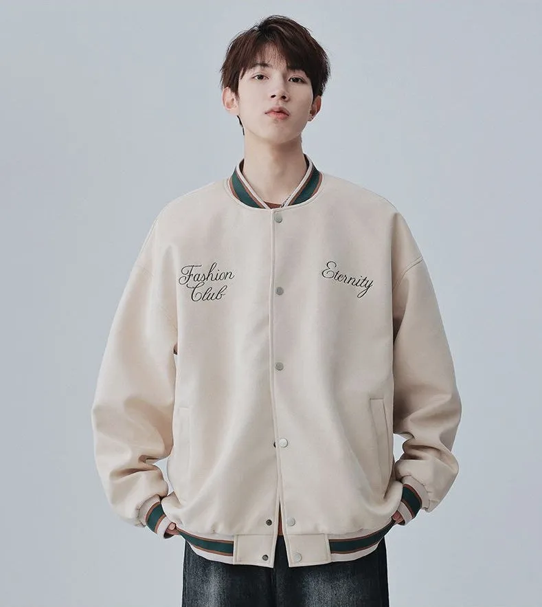 Retro Solid Varsity Jacket with Elastic Band Cuffs and Hem