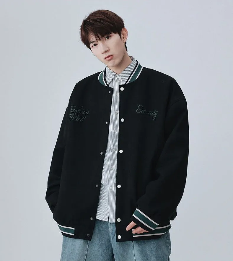Retro Solid Varsity Jacket with Elastic Band Cuffs and Hem