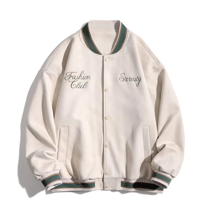 Retro Solid Varsity Jacket with Elastic Band Cuffs and Hem