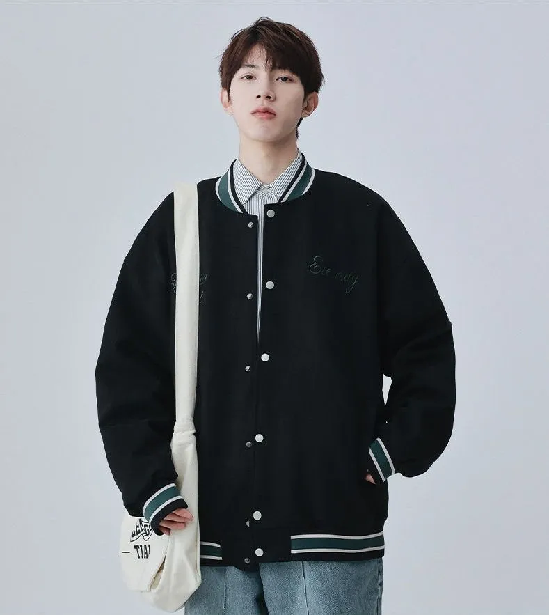 Retro Solid Varsity Jacket with Elastic Band Cuffs and Hem