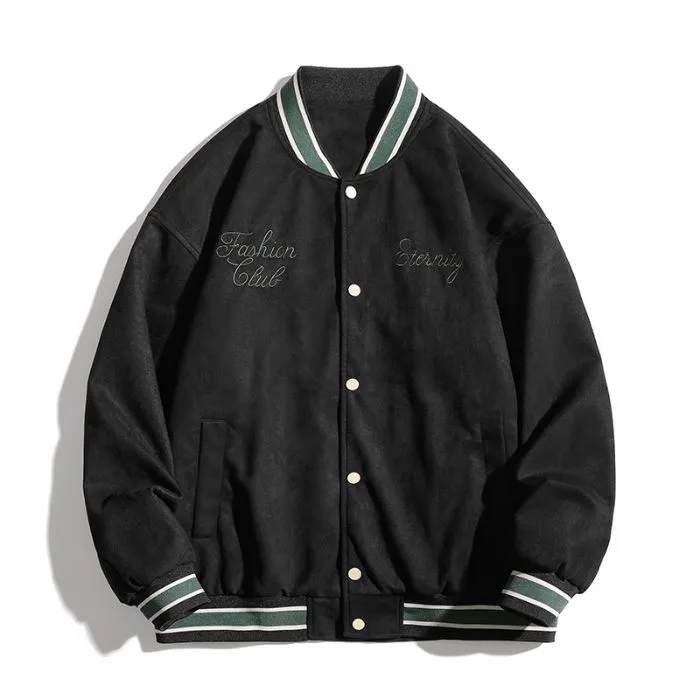 Retro Solid Varsity Jacket with Elastic Band Cuffs and Hem