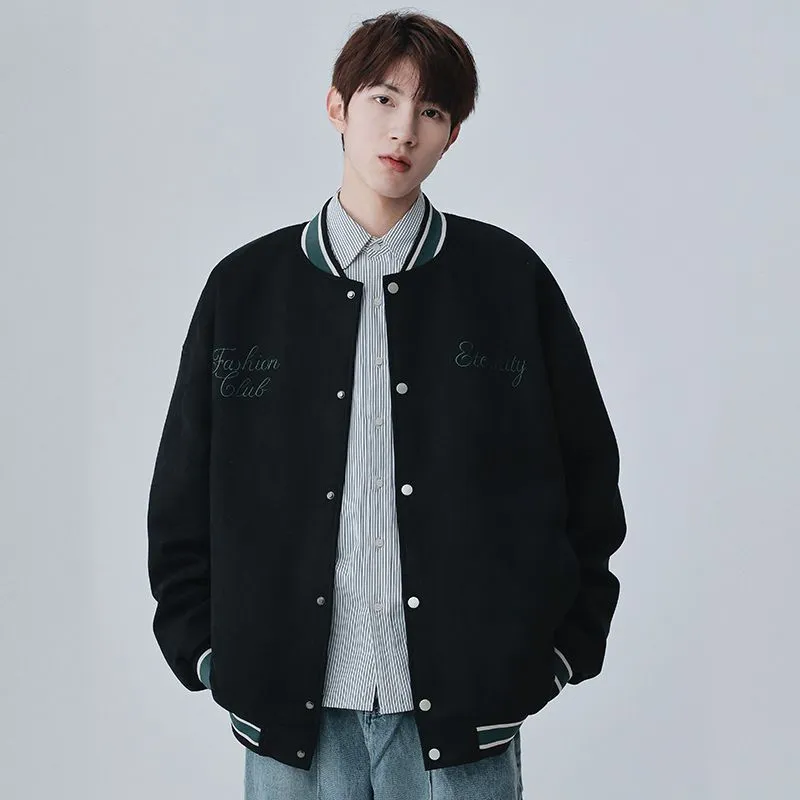 Retro Solid Varsity Jacket with Elastic Band Cuffs and Hem