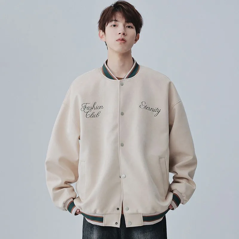 Retro Solid Varsity Jacket with Elastic Band Cuffs and Hem