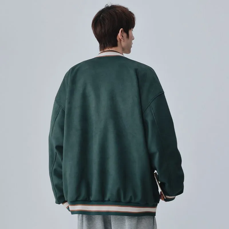 Retro Solid Varsity Jacket with Elastic Band Cuffs and Hem